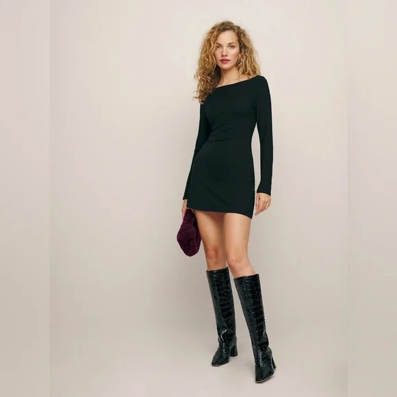 Reformation | Dresses | New Reformation Jaelynn Long Sleeve Knit Mini Dress  Boat Neck In Black | Poshmark